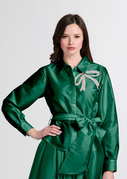 CRYSTAL BOW APPLIQUE BLOUSE IN SOFT TAFFETA BLACK