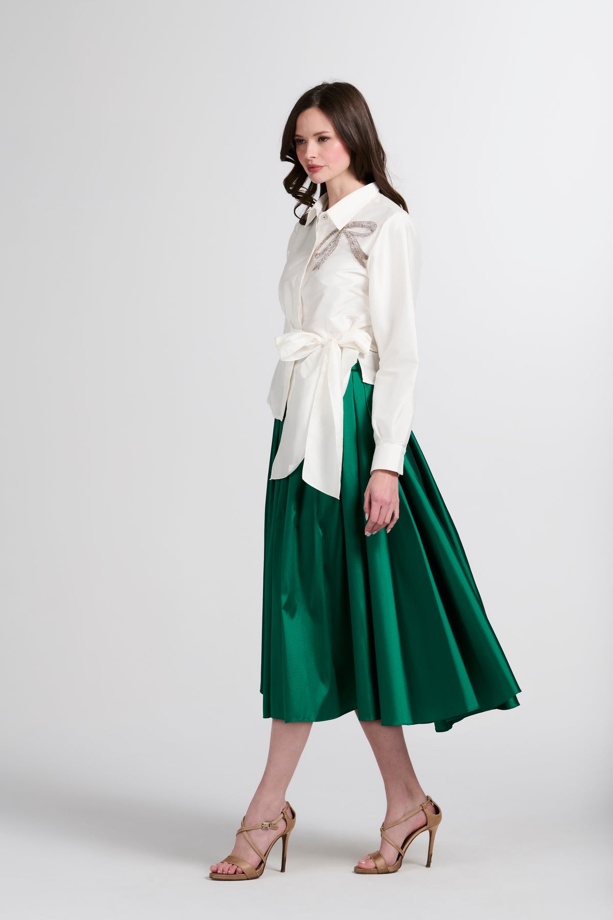 Tea Length Pleated Soft Taffeta Midi Skirt Emerald