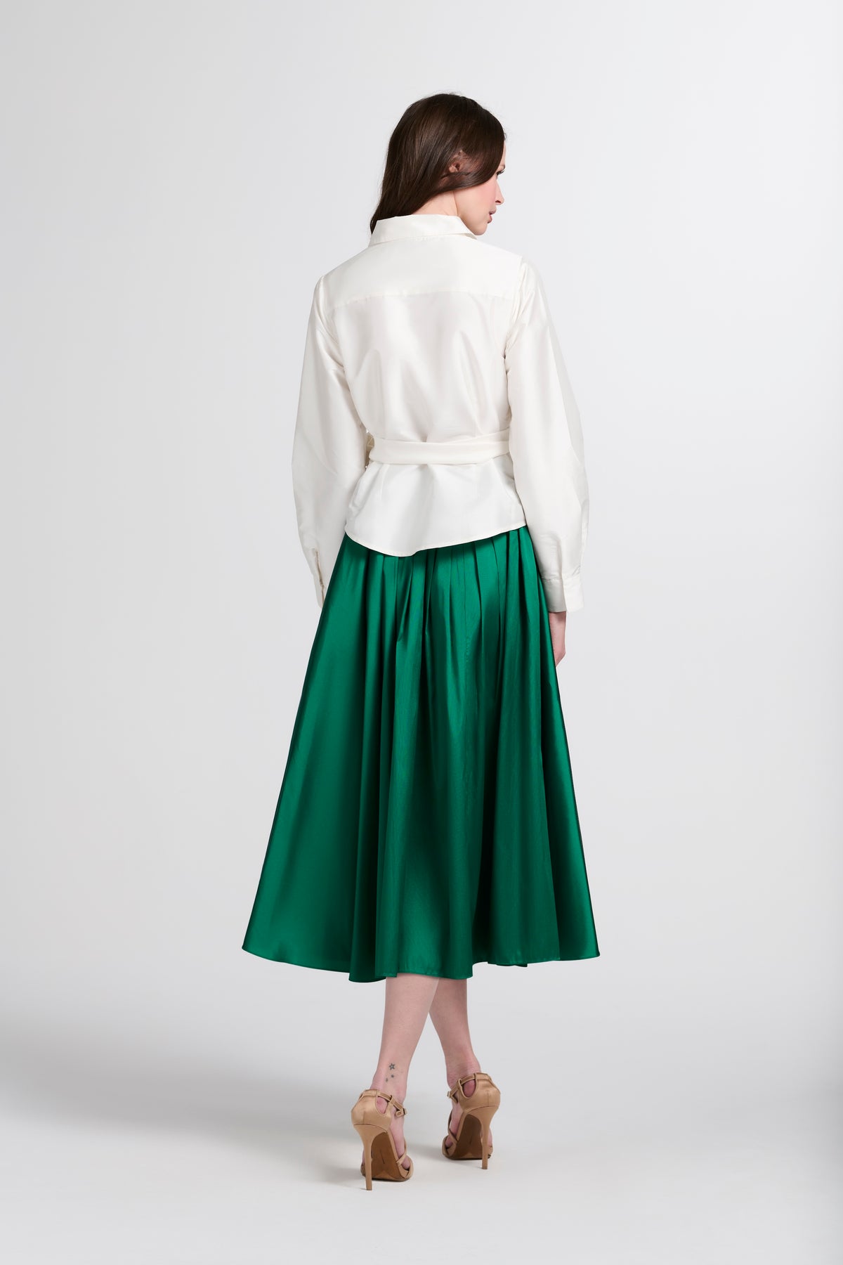 Tea Length Pleated Soft Taffeta Midi Skirt Emerald