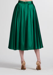 Tea Length Pleated Soft Taffeta Midi Skirt Emerald