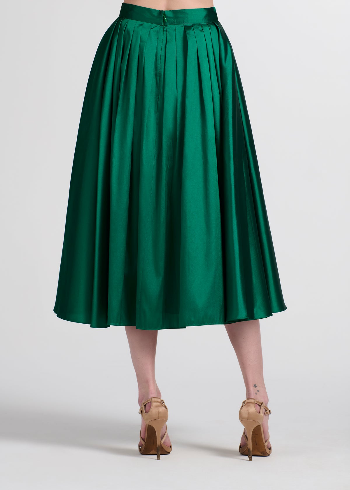 Tea Length Pleated Soft Taffeta Midi Skirt Emerald