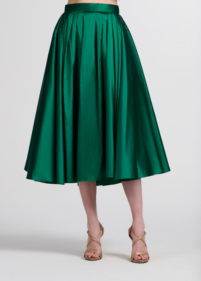 Tea Length Pleated Soft Taffeta Midi Skirt Emerald