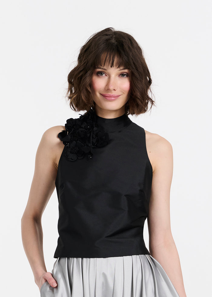 TAFFETA 3D APPLIQUÈ FLORAL SHELL BLACK