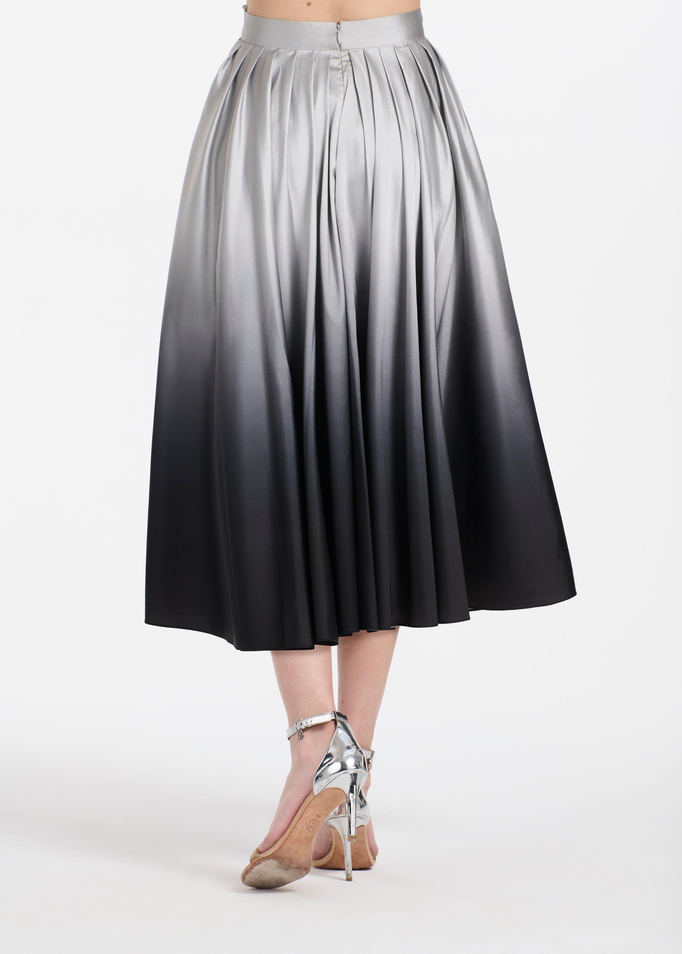 OMBRE TAFFETA PLEATED MIDI SKIRT SILVER/BLACK