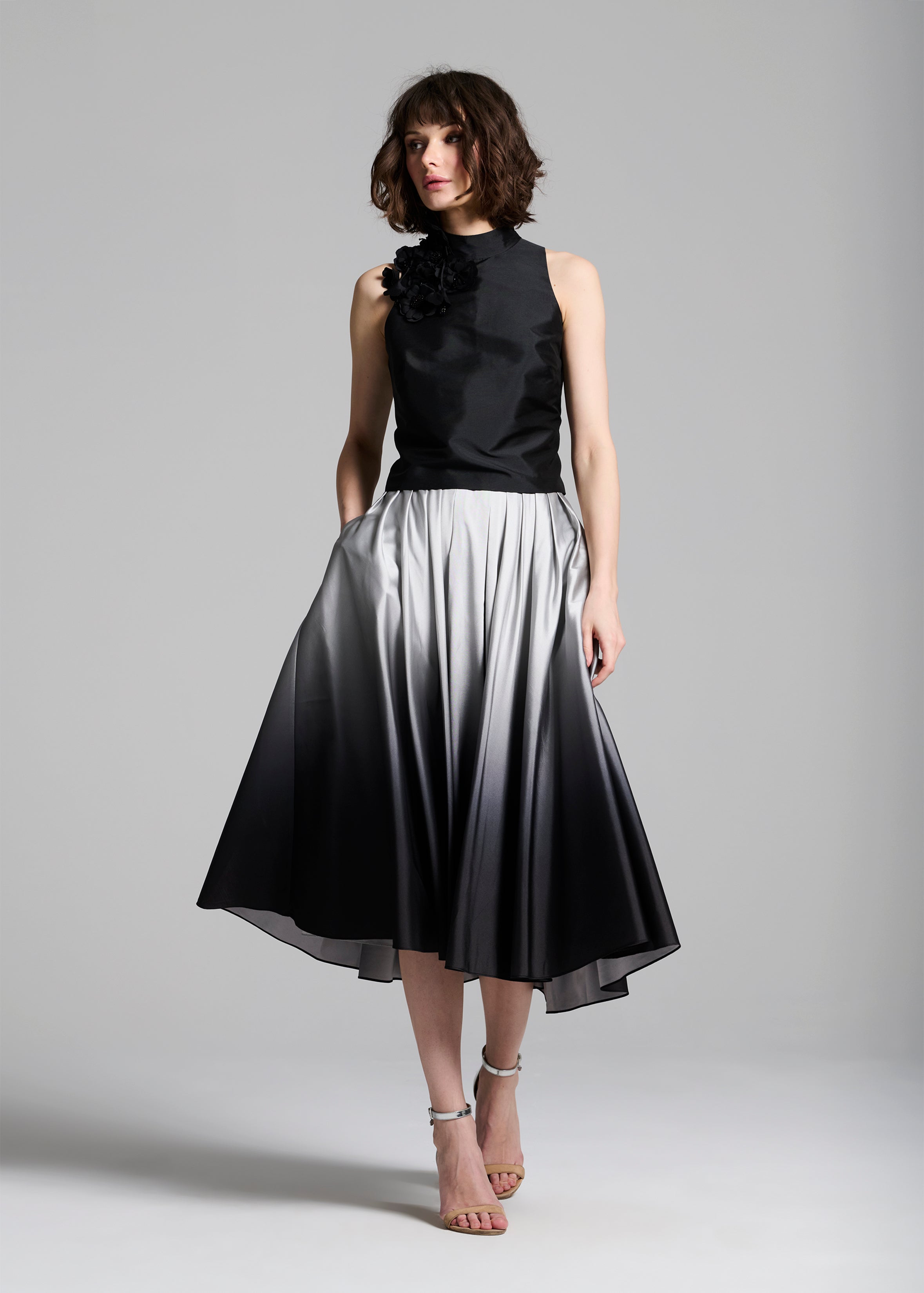 OMBRE TAFFETA PLEATED MIDI SKIRT SILVER/BLACK