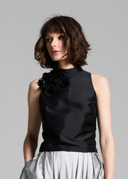 TAFFETA 3D APPLIQUÈ FLORAL SHELL BLACK