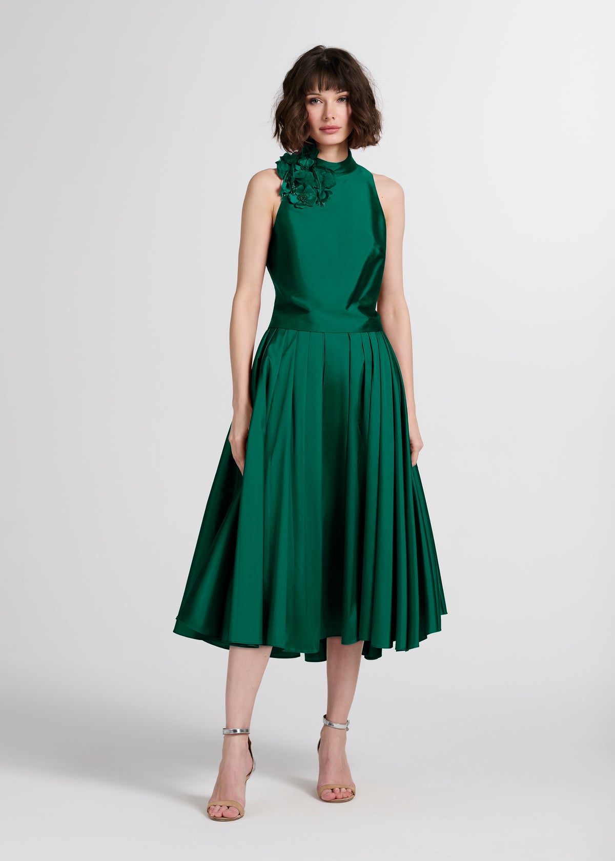 Tea Length Pleated Soft Taffeta Midi Skirt Emerald