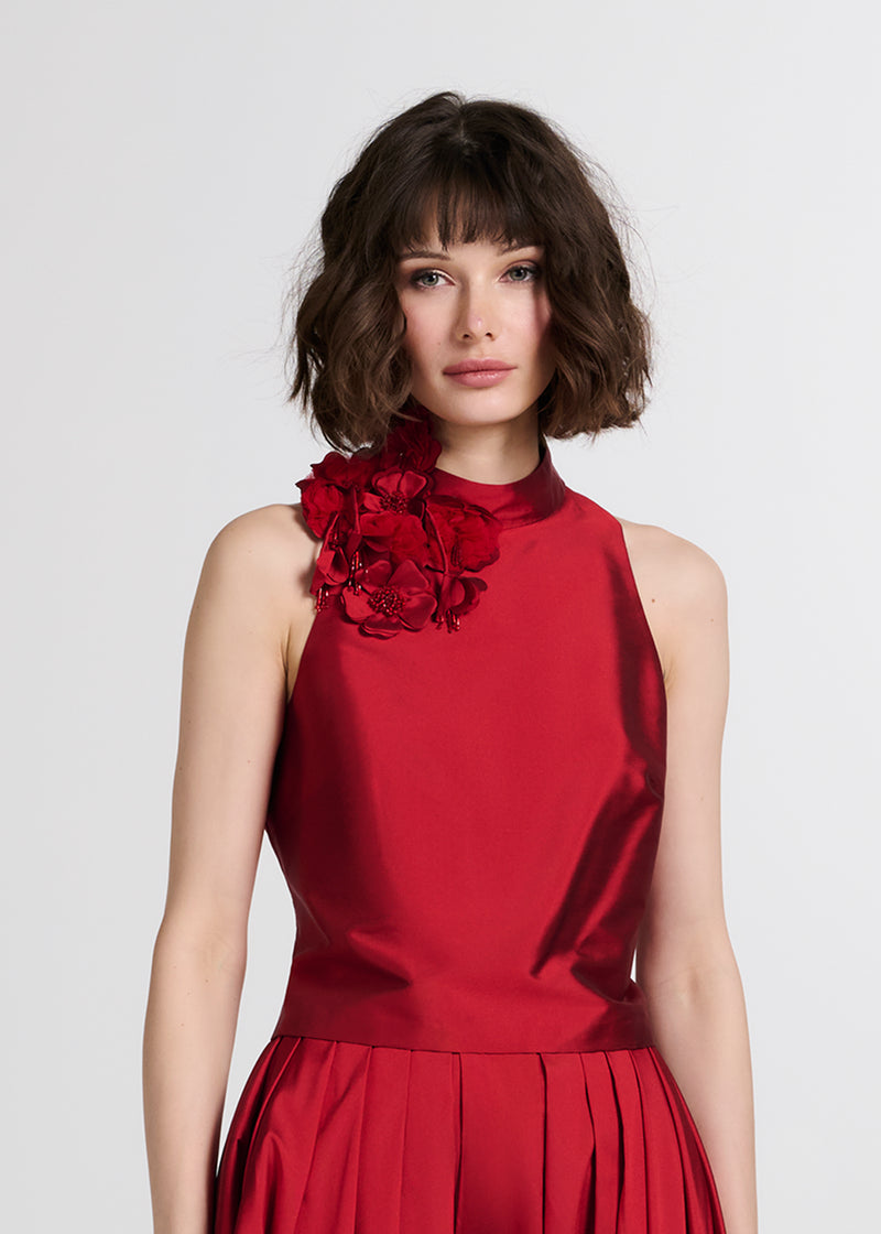 TAFFETA 3D APPLIQUÈ FLORAL SHELL RED