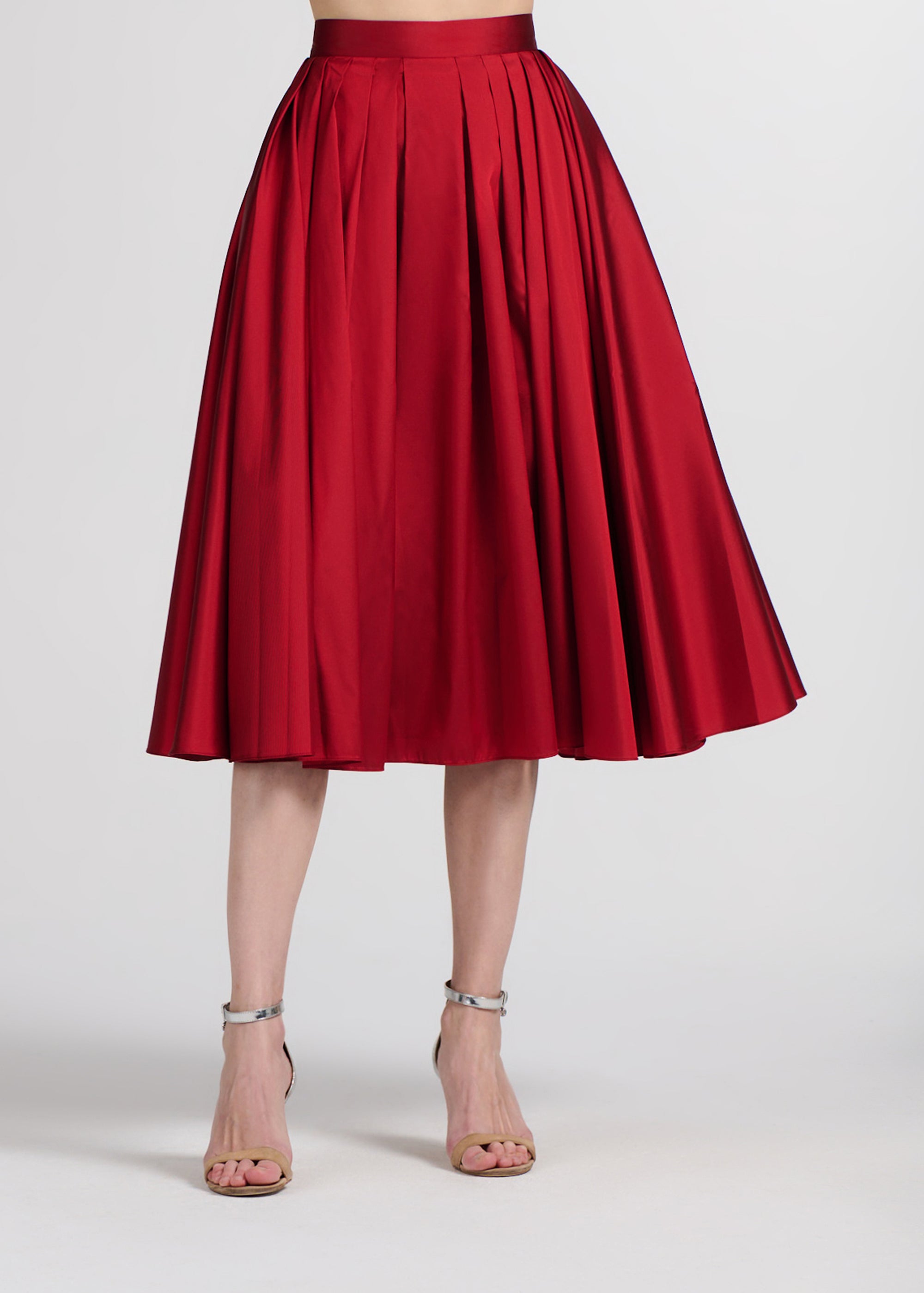 TEA LENGTH PLEATED SOFT TAFFETA MIDI SKIRT RED