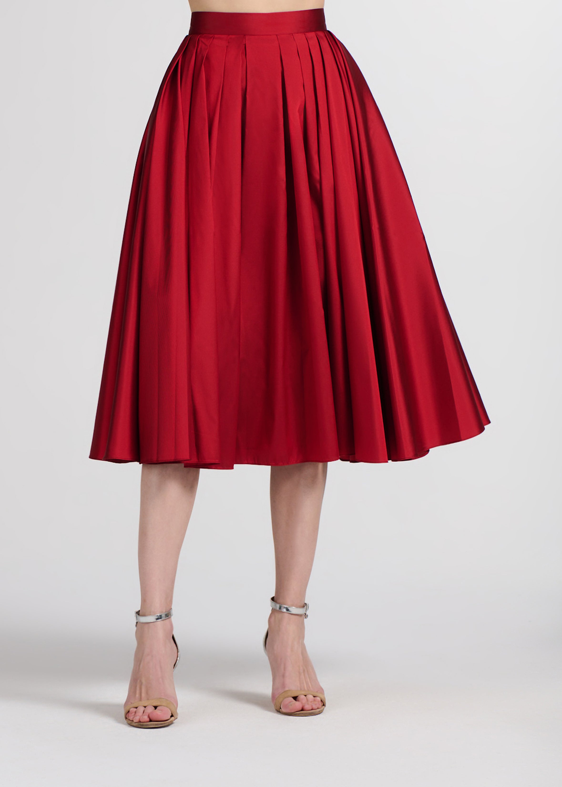 TEA LENGTH PLEATED SOFT TAFFETA MIDI SKIRT RED