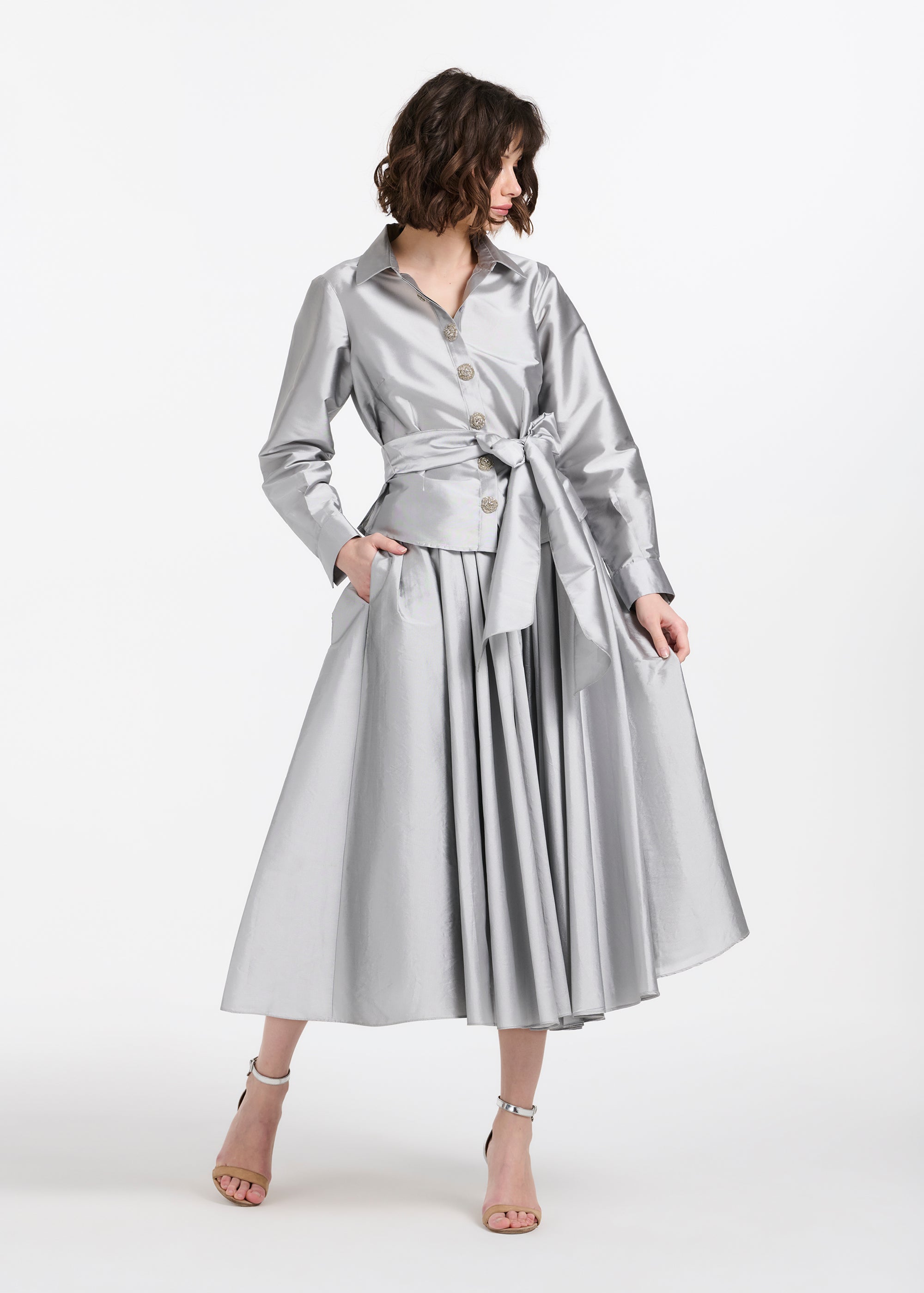 TEA LENGTH PLEATED SOFT TAFFETA MIDI SKIRT SILVER