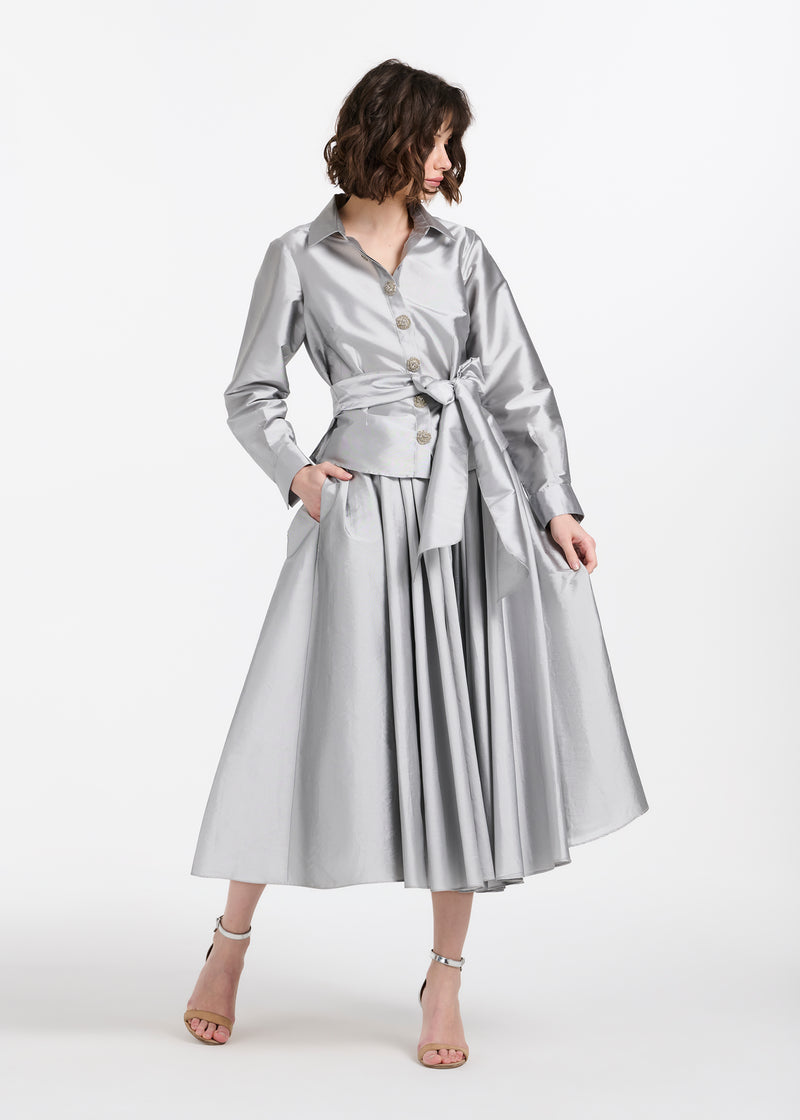 TEA LENGTH PLEATED SOFT TAFFETA MIDI SKIRT SILVER