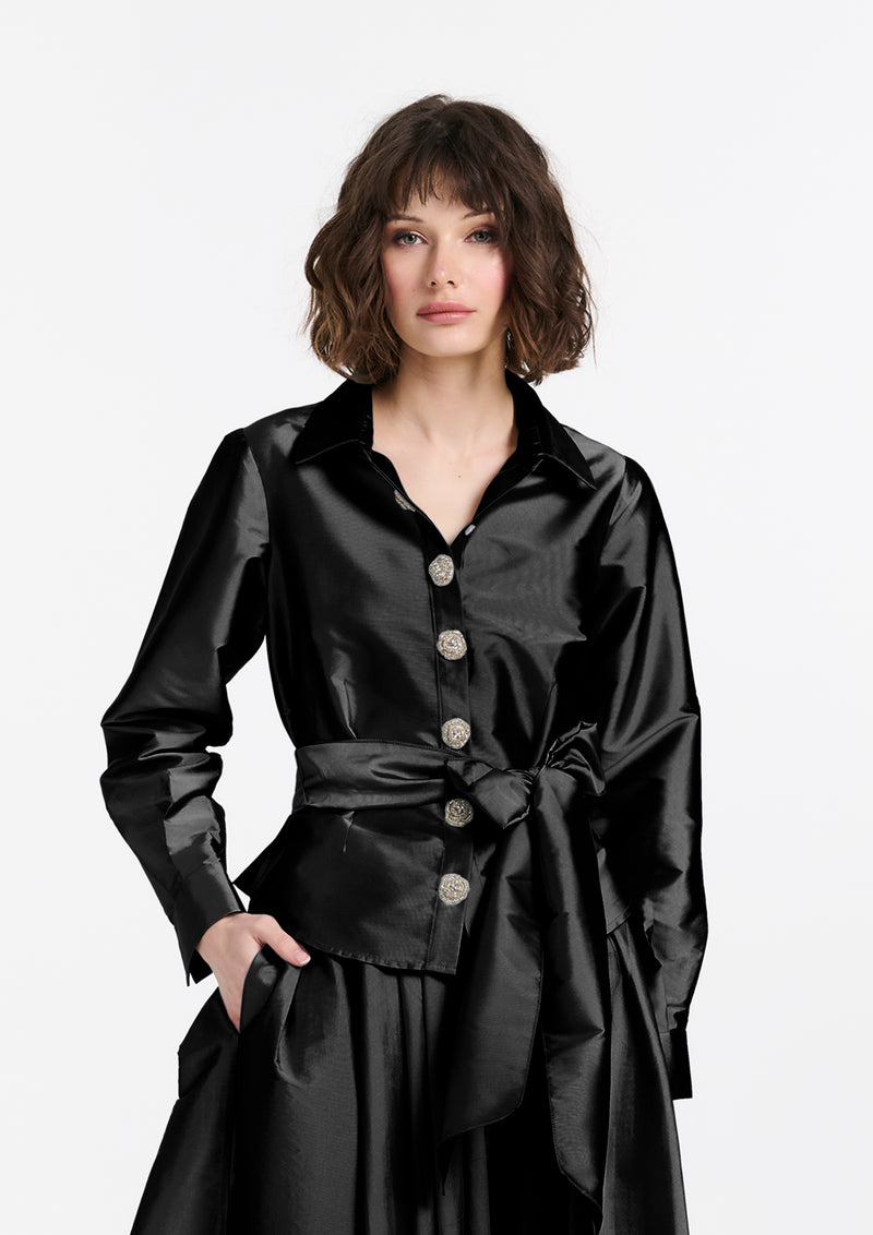 CHUNKY CRYSTAL FLOWER BUTTON BLOUSE BLACK