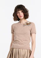 Cashmere Sweater With Applique Pailette Flowers - Gold