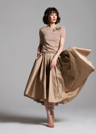 Tea Length Pleated Soft Taffeta Midi Skirt Suntan