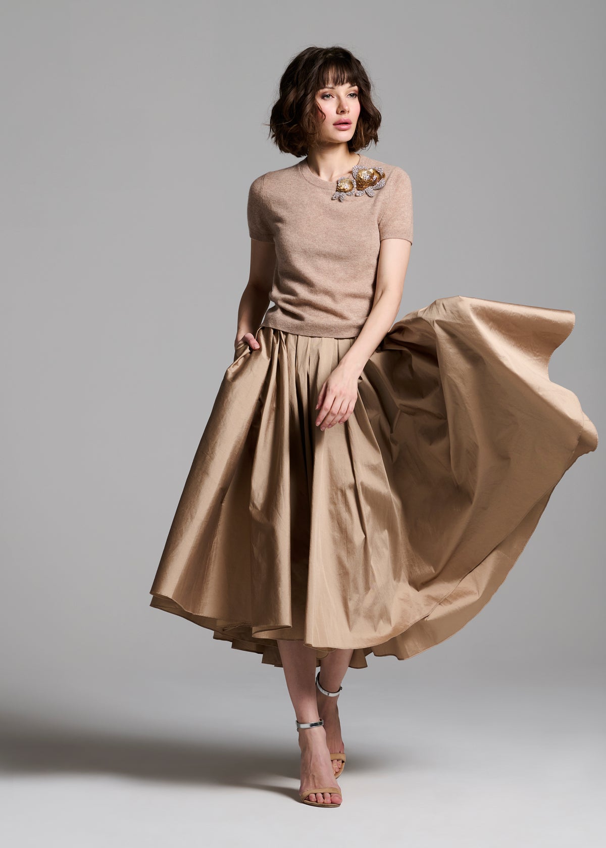 Tea Length Pleated Soft Taffeta Midi Skirt Suntan