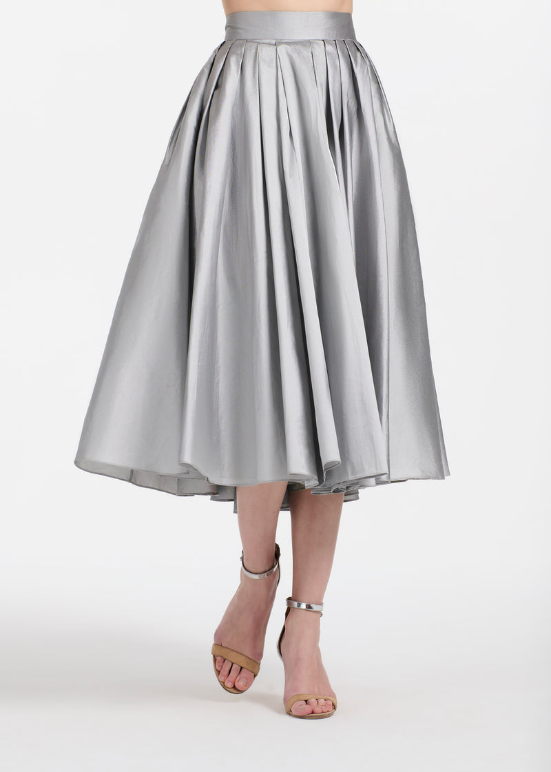 TEA LENGTH PLEATED SOFT TAFFETA MIDI SKIRT SILVER
