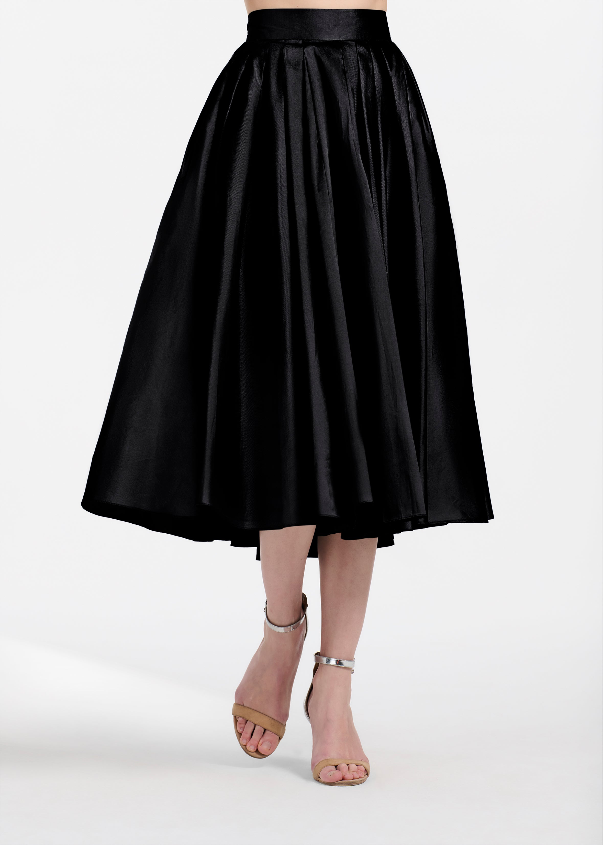 TEA LENGTH PLEATED SOFT TAFFETA MIDI SKIRT BLACK