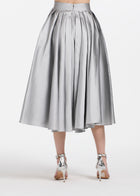TEA LENGTH PLEATED SOFT TAFFETA MIDI SKIRT SILVER