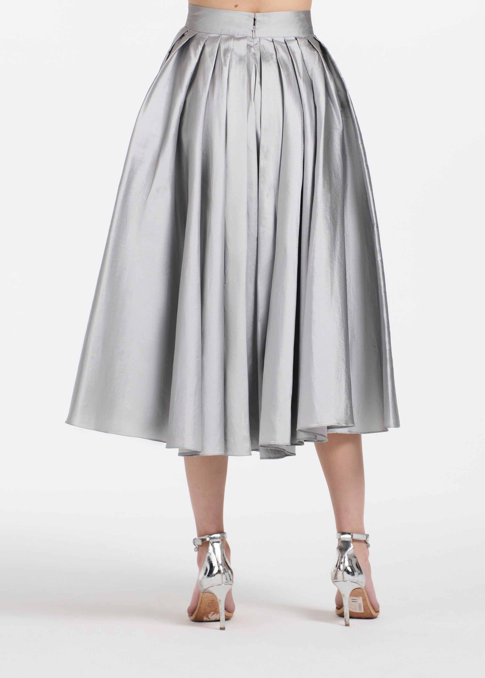 TEA LENGTH PLEATED SOFT TAFFETA MIDI SKIRT SILVER