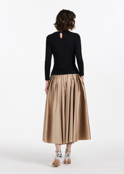 Tea Length Pleated Soft Taffeta Midi Skirt Suntan