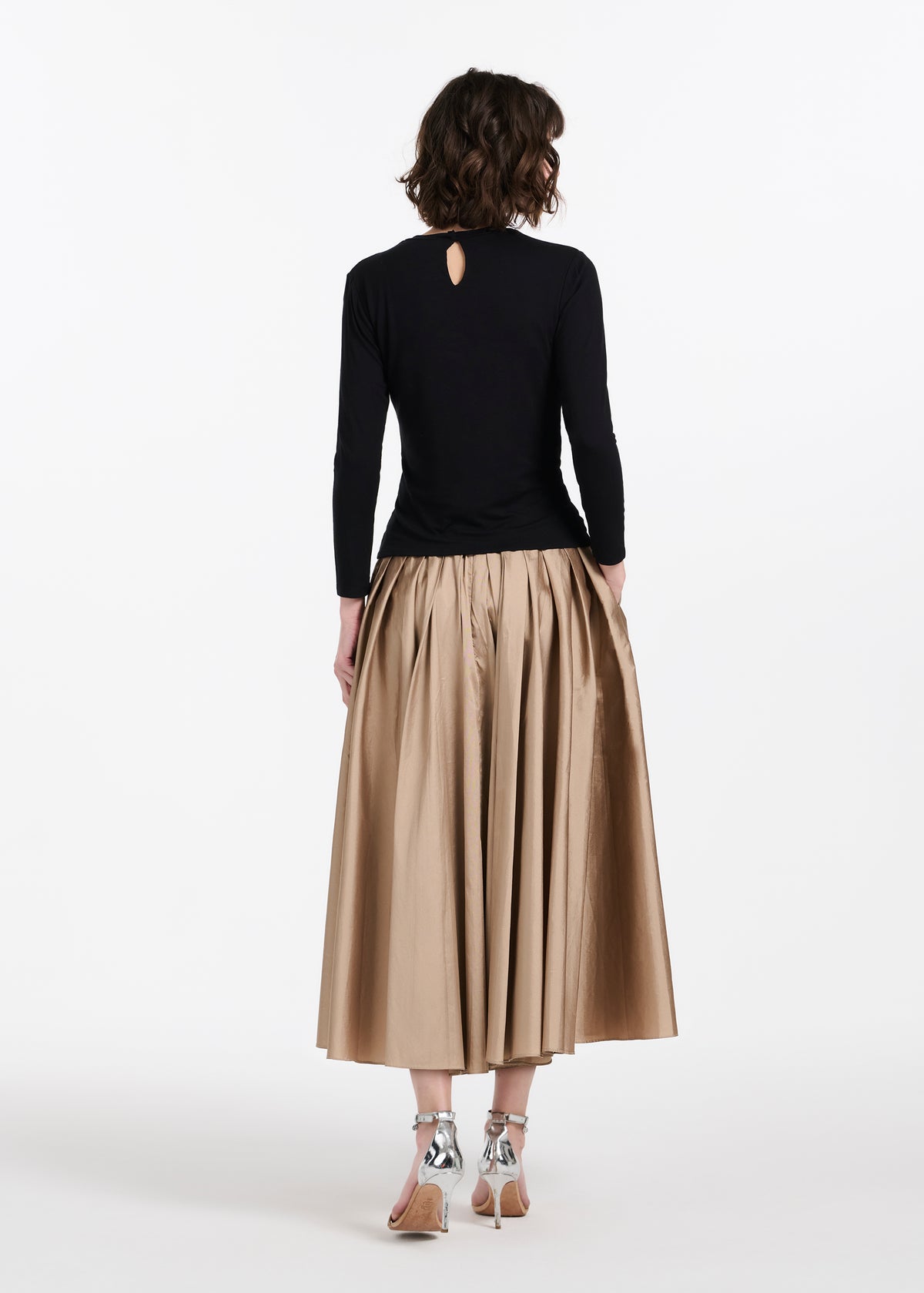 Tea Length Pleated Soft Taffeta Midi Skirt Suntan