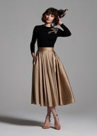 Tea Length Pleated Soft Taffeta Midi Skirt Suntan