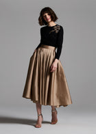 Tea Length Pleated Soft Taffeta Midi Skirt Suntan