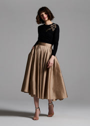 Tea Length Pleated Soft Taffeta Midi Skirt Suntan