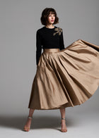 Tea Length Pleated Soft Taffeta Midi Skirt Suntan