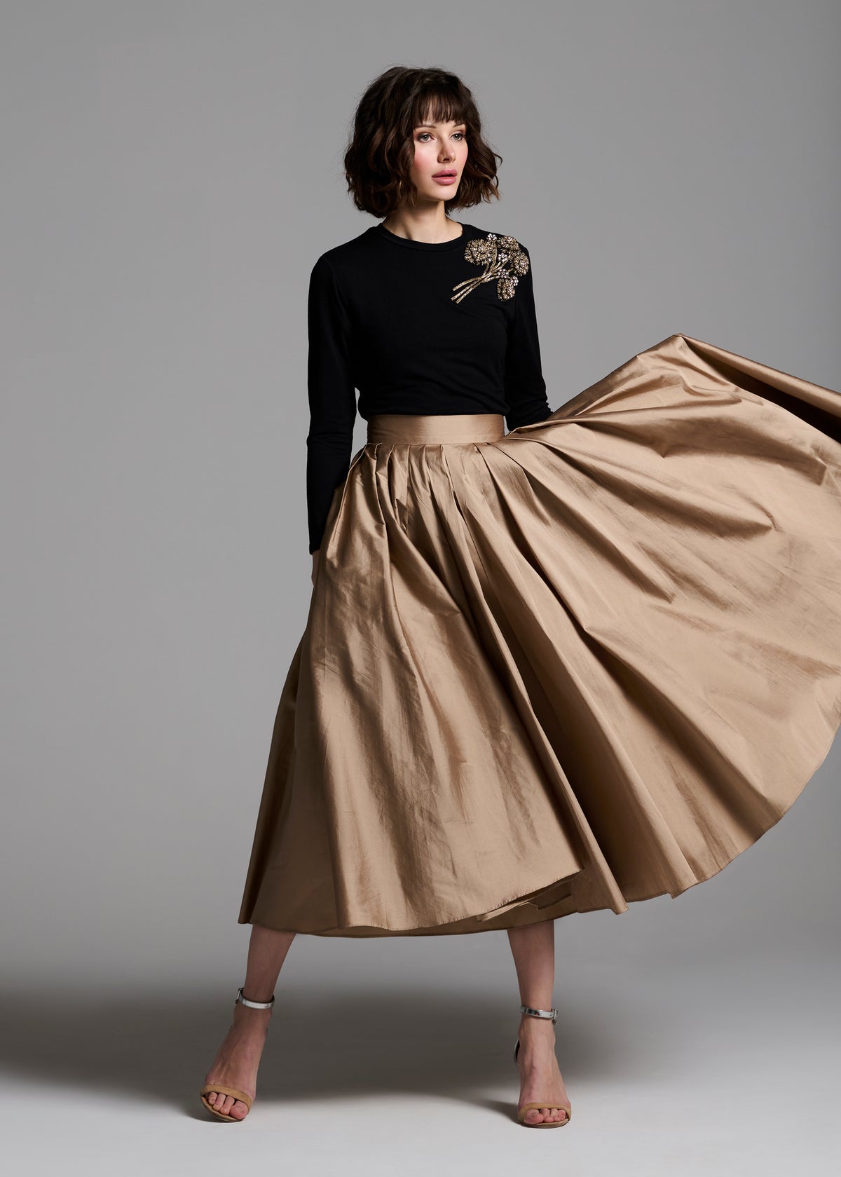 Tea Length Pleated Soft Taffeta Midi Skirt Suntan