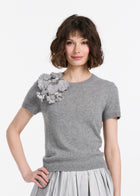 Cashmere Short Sleeve Sweater With Silk Flowers Silver
