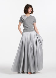 Cashmere Short Sleeve Sweater With Silk Flowers Silver