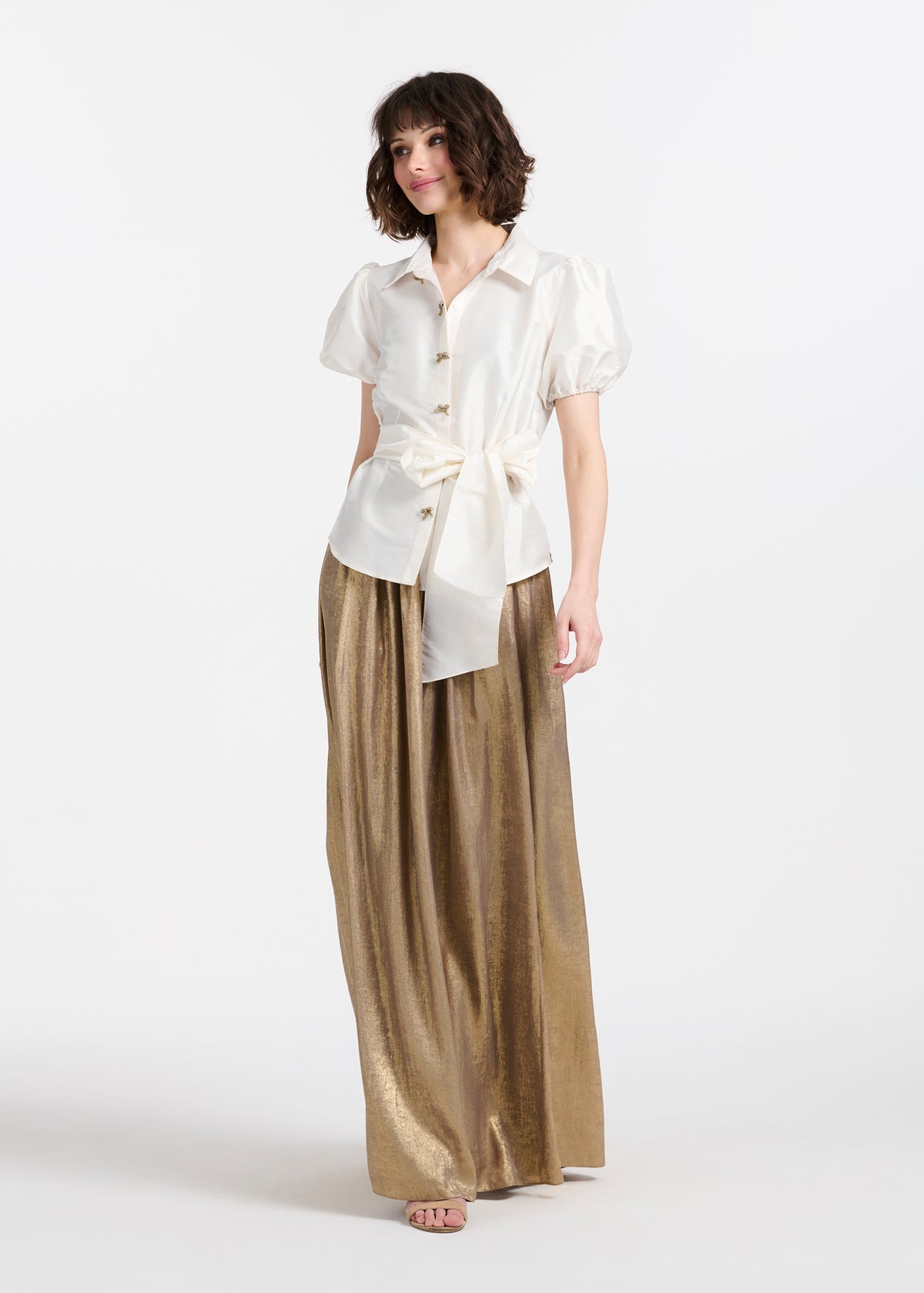 Puff Sleeve Blouse With Bow Buttons Ivory