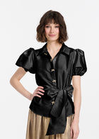 Puff Sleeve Blouse With Bow Buttons Black