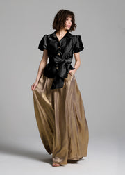 Puff Sleeve Blouse With Bow Buttons Black