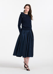 Cashmere Long Sleeve Sweater With Flowers- Navy