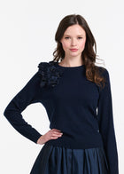 Cashmere Long Sleeve Sweater With Flowers- Navy