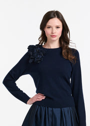 Cashmere Long Sleeve Sweater With Flowers- Navy
