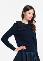 Cashmere Long Sleeve Sweater With Flowers- Navy