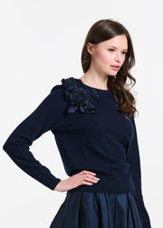 Cashmere Long Sleeve Sweater With Flowers- Navy