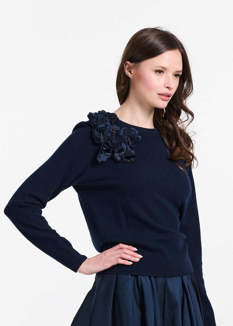 Cashmere Long Sleeve Sweater With Flowers- Navy