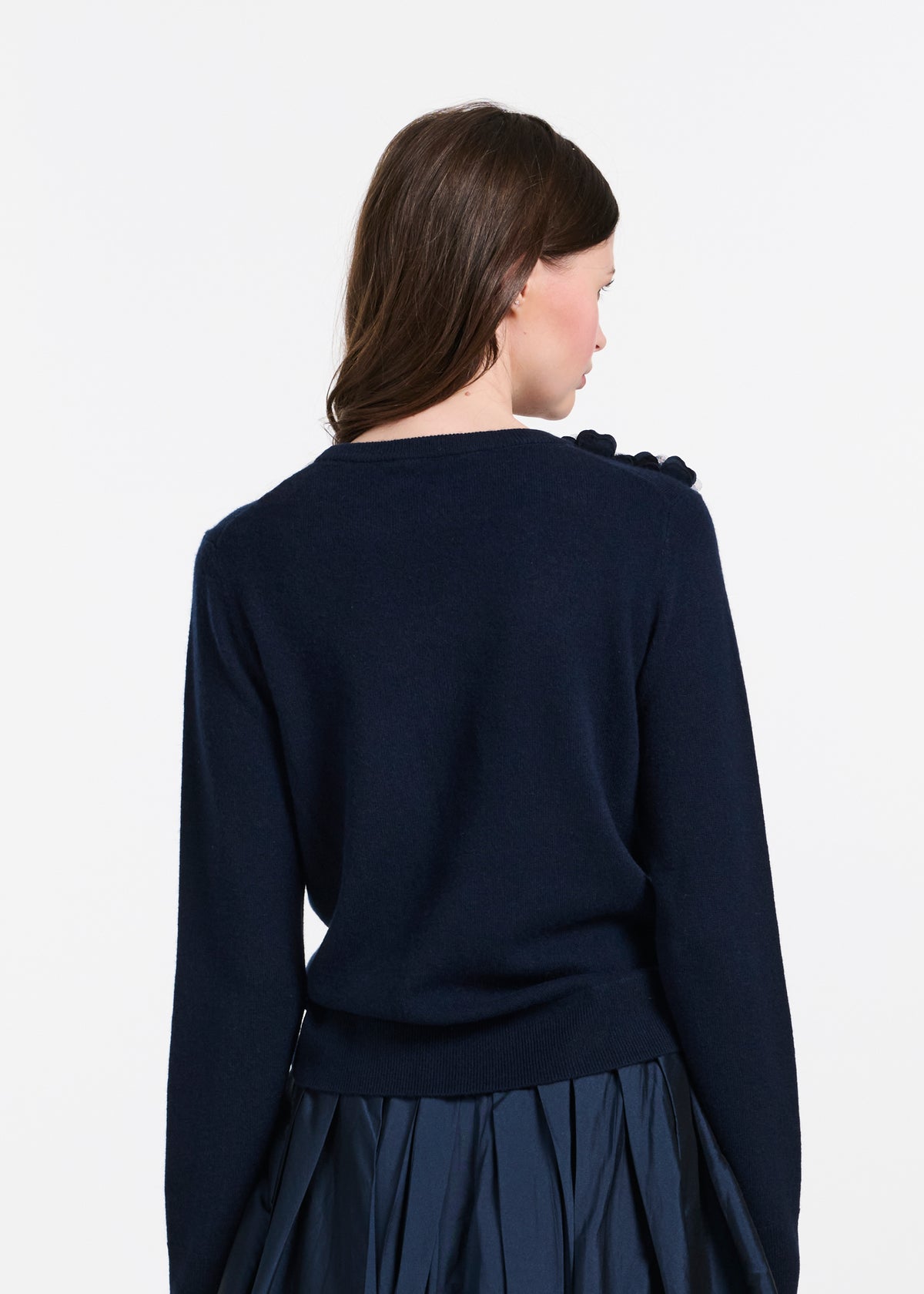 Cashmere Long Sleeve Sweater With Flowers- Navy