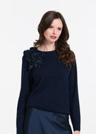Cashmere Long Sleeve Sweater With Flowers- Navy