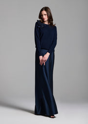 Cashmere Long Sleeve Sweater With Flowers- Navy