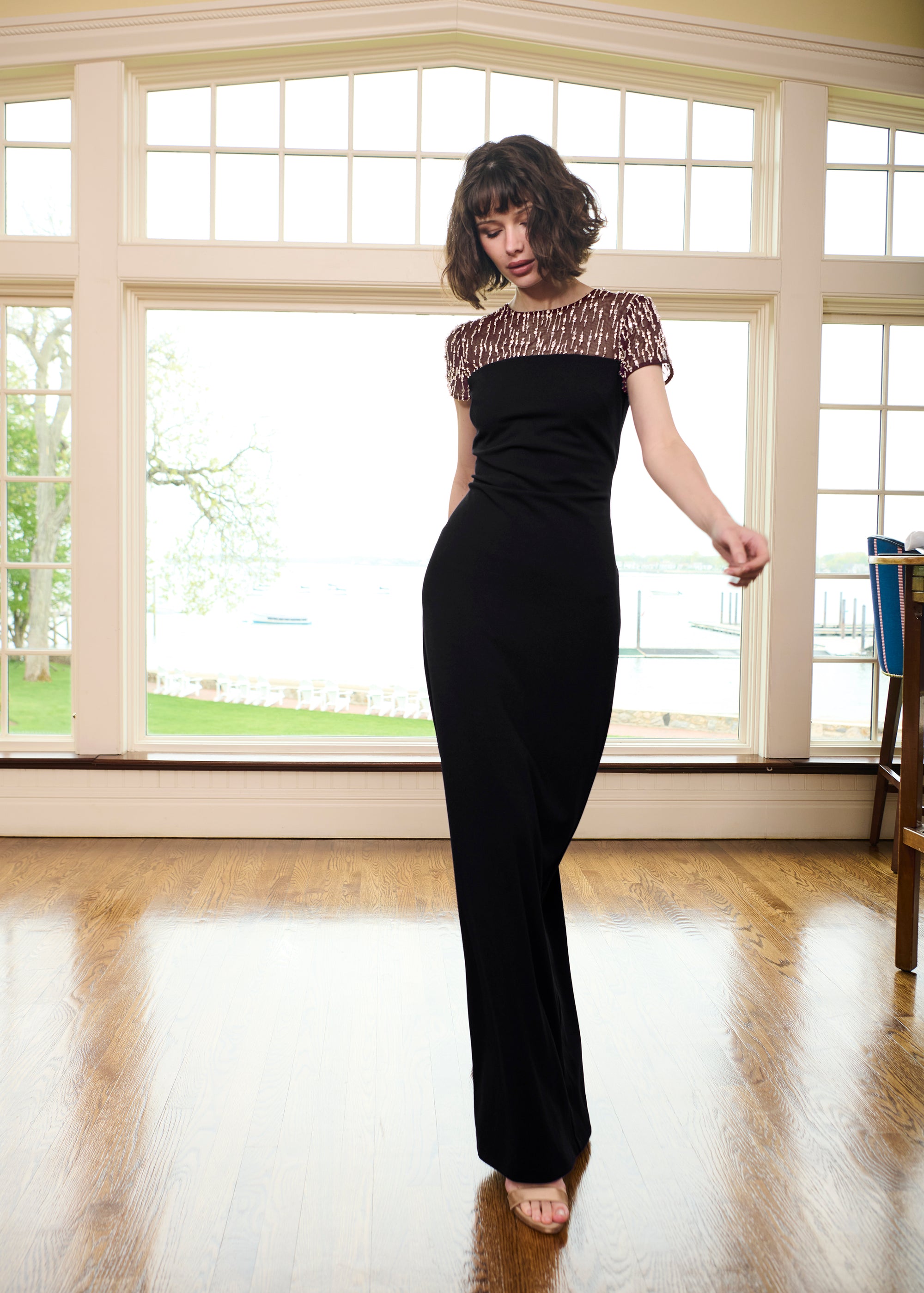 ILLUSION CRYSTAL STRETCH CREPE GOWN BLACK