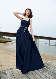 Taffeta Square Neck Gown With Crystal Trim And Corsette Navy