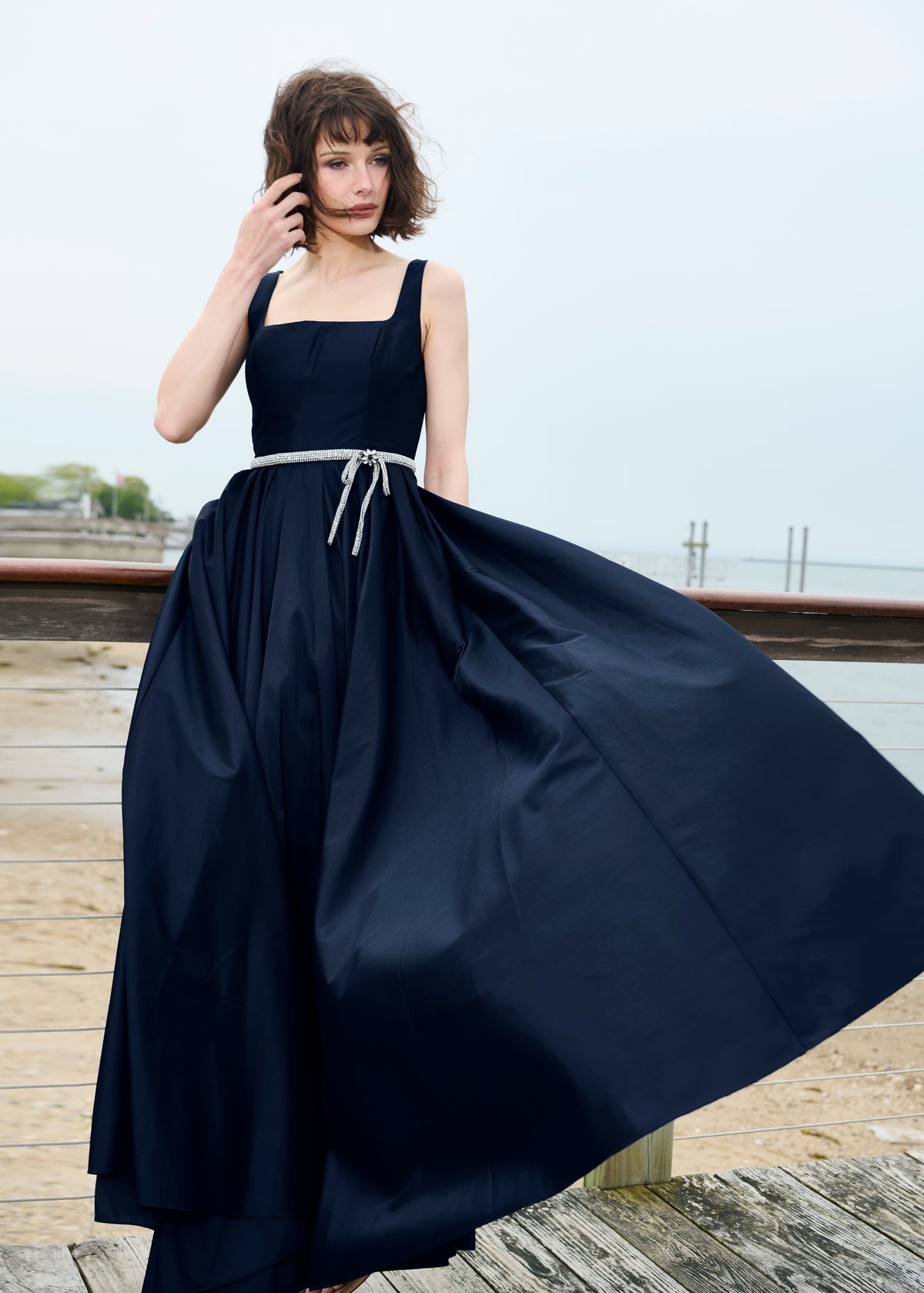 Taffeta Square Neck Gown With Crystal Trim And Corsette Navy