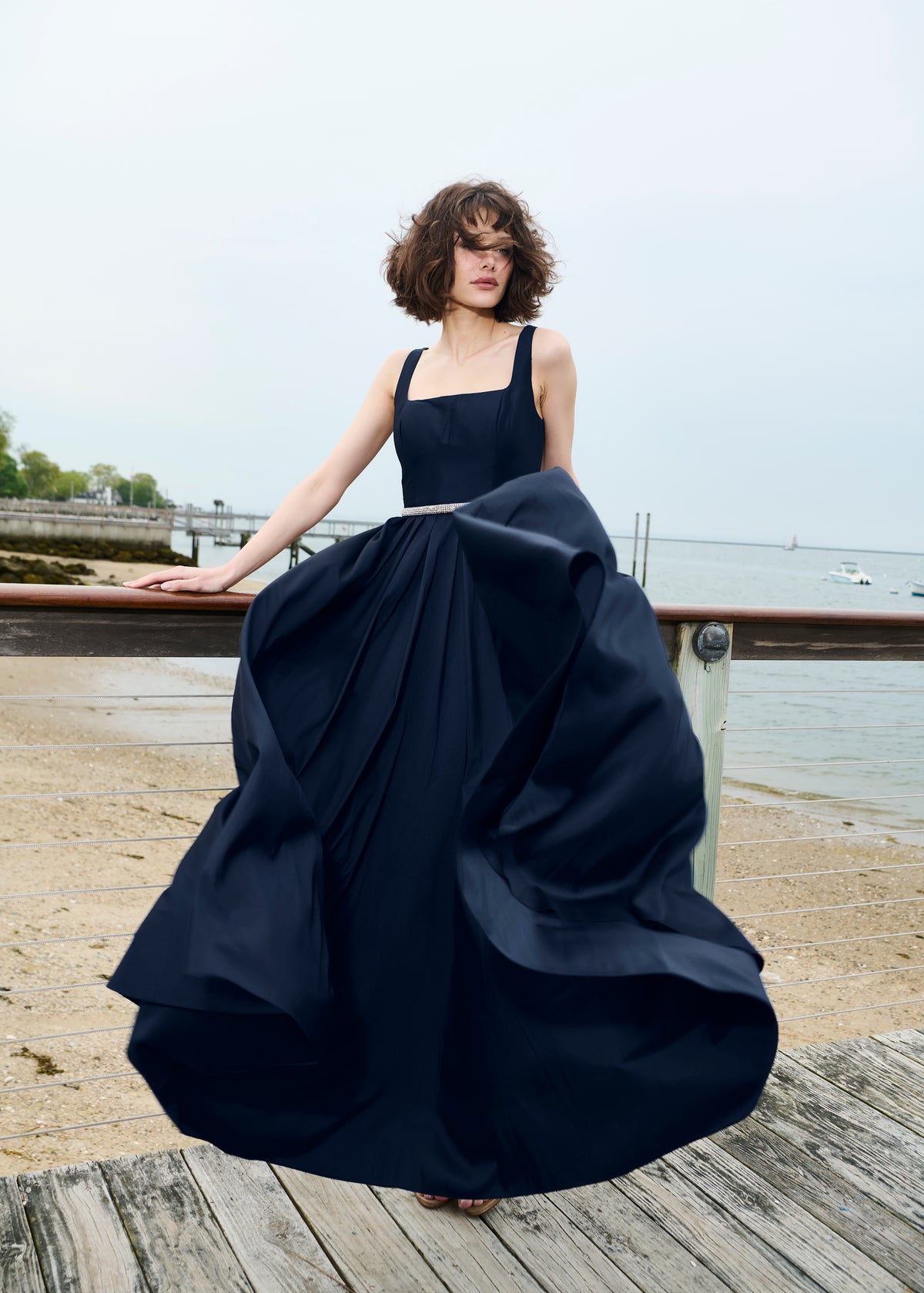 Taffeta Square Neck Gown With Crystal Trim And Corsette Navy