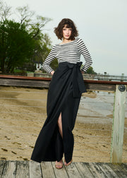BEADED STRIPED GOWN WITH TAFFETA SKIRT